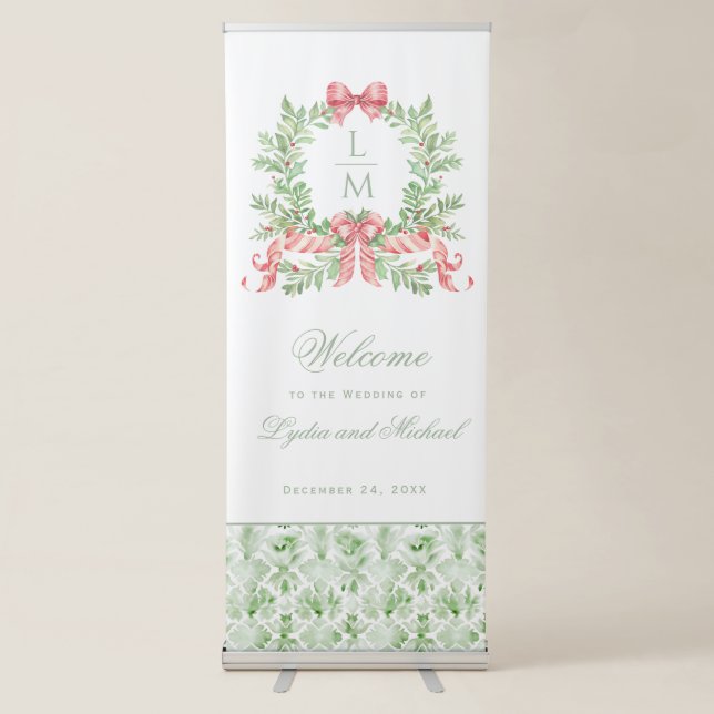 Christmas Wreath Candy Cane Bow | Wedding Welcome Retractable Banner (Front)
