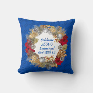 Christmas Wreath CELEBRATE JESUS Cobalt Blue Cushion