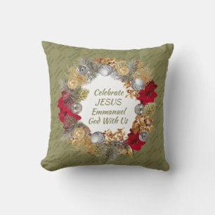 Christmas Wreath CELEBRATE JESUS Olive Green Cushion