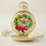 Christmas Wreath Collage Backwards Pocket Watch<br><div class="desc">Special, unique holiday gift. Christmas collage with green Christmas wreath circling Santa Claus in red and colourful snowflakes and green Christmas tree. Strikingly unusual gift for that special person who is always running late - or needs more time. Feeling like you want to turn back the clock to another time?...</div>