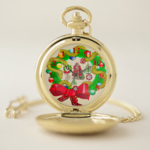 Christmas Wreath Collage Backwards Pocket Watch
