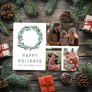Christmas Wreath CUSTOM 3 PHOTOS Grid Holiday Card