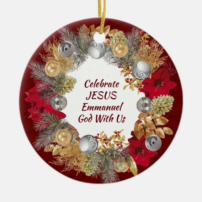 Christmas Wreath Custom Burgundy CELEBRATE JESUS Ceramic Tree Decoration (Front)