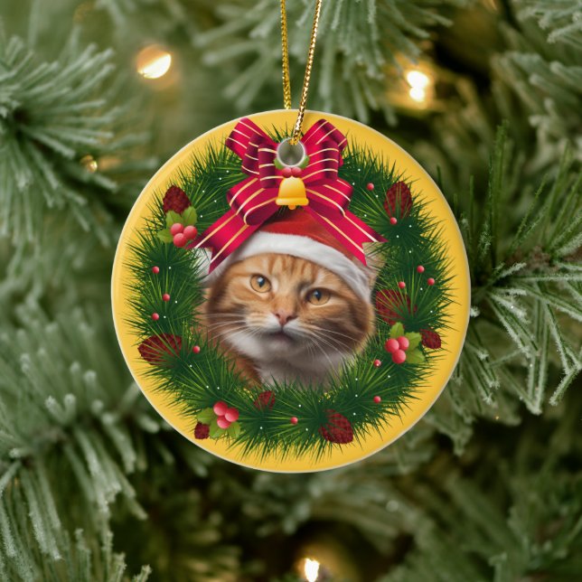 Christmas Wreath Custom Cat Modern Cute Pet Photo Ceramic Tree Decoration (Tree)