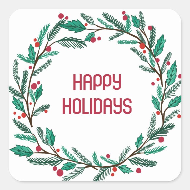 Christmas Wreath CUSTOM Hand Drawn Holiday Square Sticker (Front)