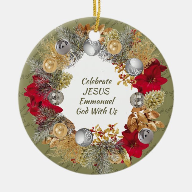 Christmas Wreath Custom Olive CELEBRATE JESUS Ceramic Tree Decoration (Front)