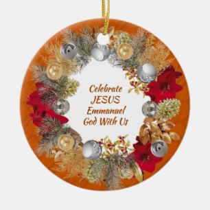 Christmas Wreath Custom Orange CELEBRATE JESUS Ceramic Tree Decoration