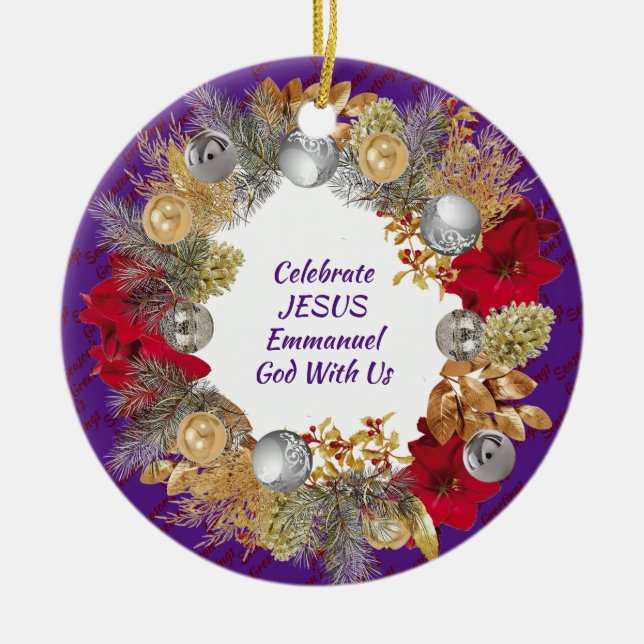 Christmas Wreath Custom Purple CELEBRATE JESUS Ceramic Tree Decoration (Front)