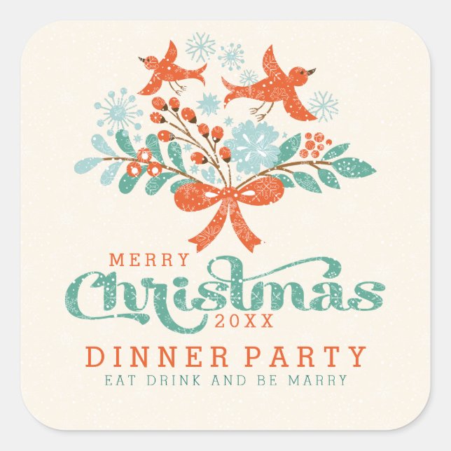 Christmas Wreath & Cute Birds Dinner Party Square Sticker (Front)