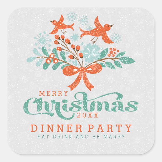 Christmas Wreath & Cute Birds Dinner Party Square Sticker (Front)