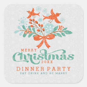 Christmas Wreath & Cute Birds Dinner Party Square Sticker