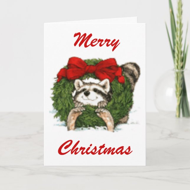 Christmas Wreath Decoration And Racoon Holiday Card (Front)