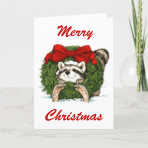 Christmas Wreath Decoration And Racoon Holiday Card