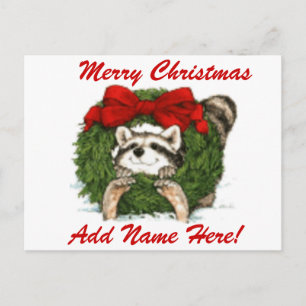 Christmas Wreath Decoration And Racoon Holiday Postcard