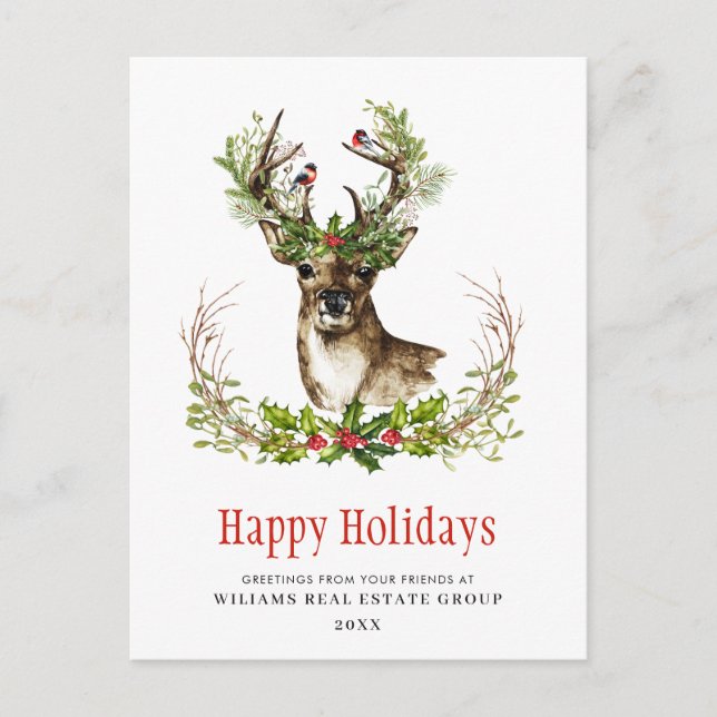 Christmas Wreath Deer Holiday Corporate Greeting Postcard (Front)