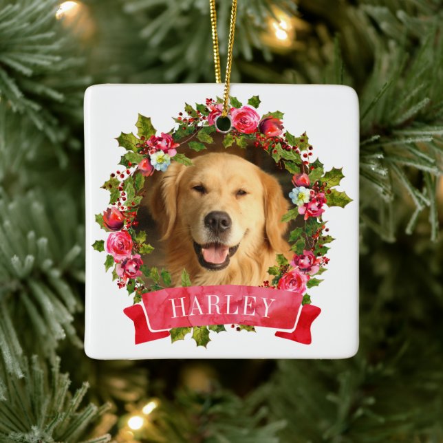 Christmas Wreath Dog Photo Ceramic Ornament (Tree)