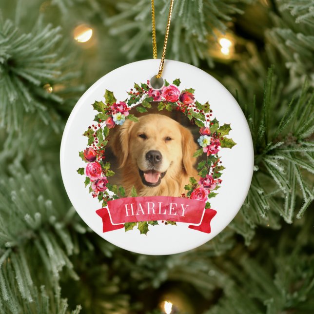 Christmas Wreath Dog Photo Ceramic Tree Decoration (Tree)