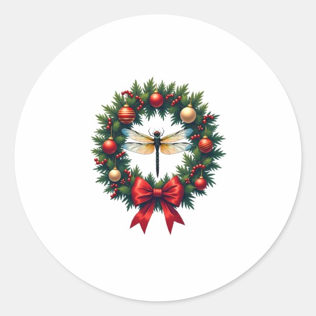 Christmas Wreath Dragonfly Classic Round Sticker (Front)