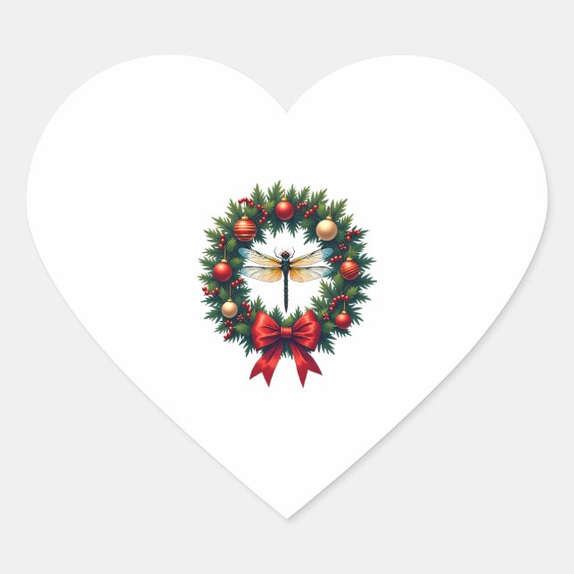 Christmas Wreath Dragonfly Heart Sticker (Front)