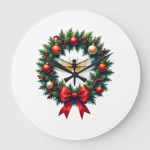 Christmas Wreath Dragonfly Large Clock