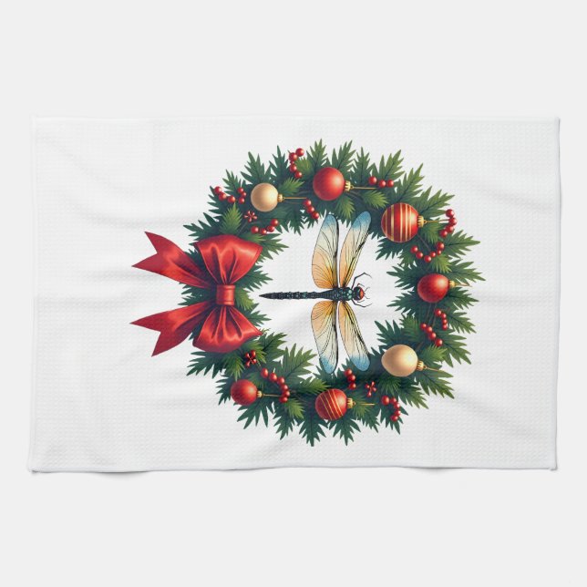 Christmas Wreath Dragonfly Tea Towel (Horizontal)
