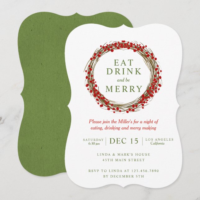 Christmas Wreath Eat Drink and be Merry Party Invitation (Front/Back)