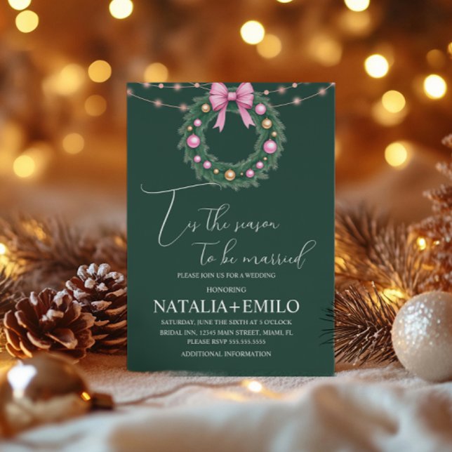 Christmas Wreath Elegant Holiday Pink Wedding  Invitation (Creator Uploaded)