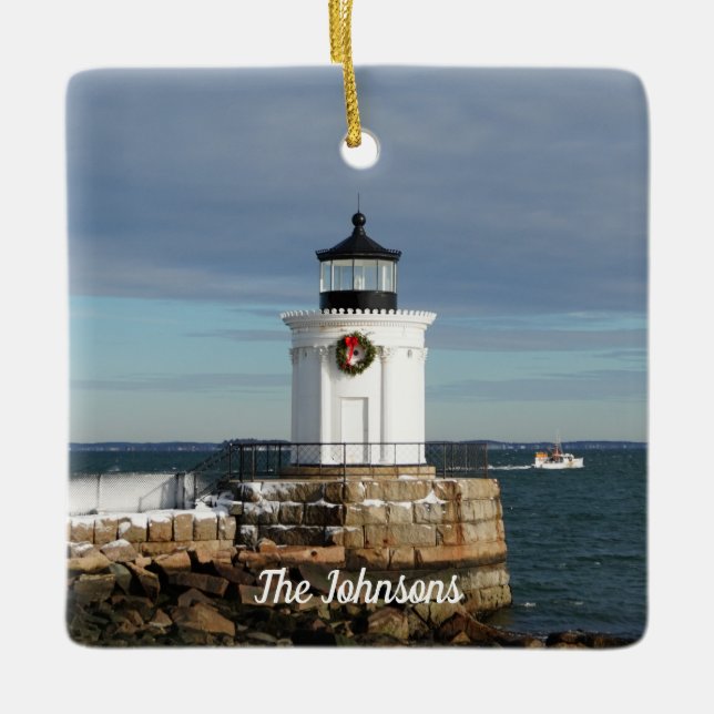 Christmas Wreath Family Lighthouse Ceramic Ornament (Front)