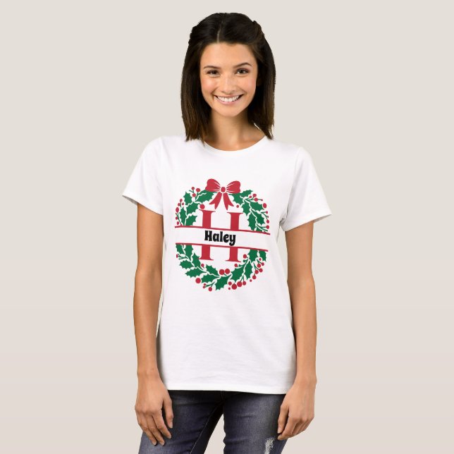 Christmas wreath Family Matching Name letter H T-Shirt (Front Full)