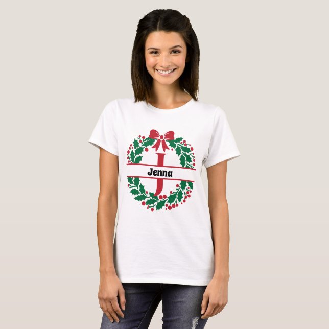 Christmas wreath Family Matching Name letter J T-Shirt (Front Full)