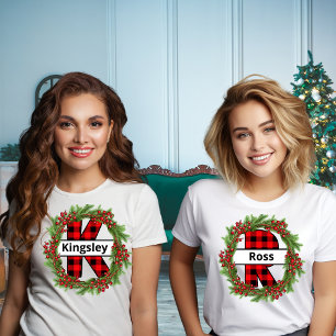 Christmas wreath Family Matching Name letter K T-Shirt