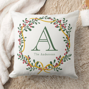 Christmas Wreath Family Name Monogram Cushion