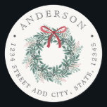 Christmas Wreath Family Name Return Address Classic Round Sticker<br><div class="desc">Holiday return address labels and stickers featuring festive Christmas wreath with personalized family name and address.</div>