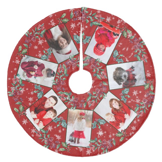 Christmas Wreath Family Photo Collage Red Fleece Tree Skirt (Front)
