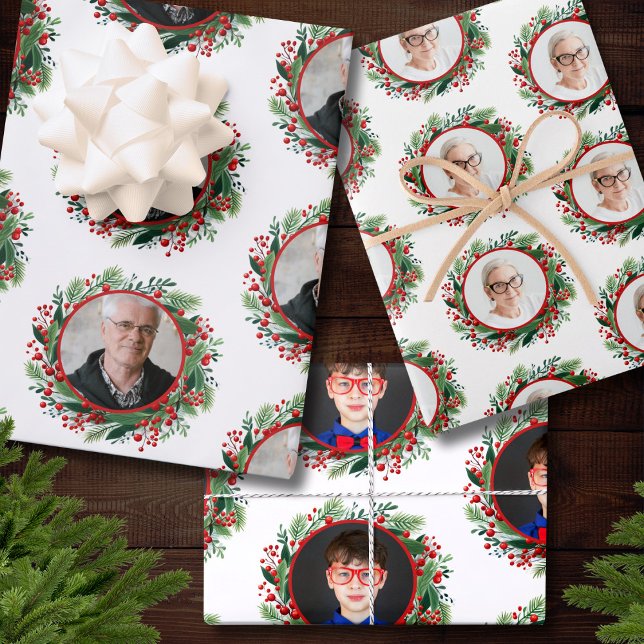 Christmas Wreath Family Photos Personalised Wrapping Paper Sheet (Christmas Wreath Family Photos Personalized Wrapping Paper Sheets)