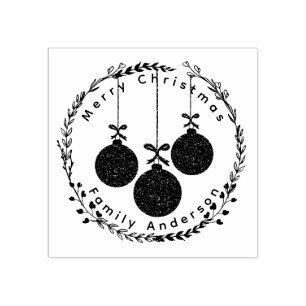 Christmas Wreath & Festive Baubles Family Name Rubber Stamp