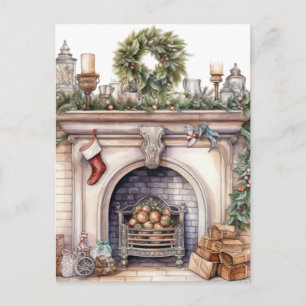 Christmas Wreath Fireplace Holiday Postcard