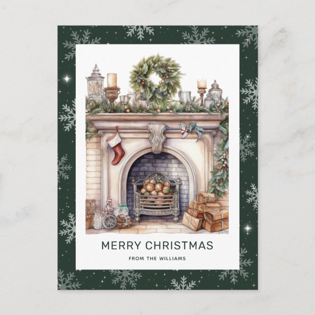 Christmas Wreath Fireplace Snowflake Green Holiday Postcard (Front)