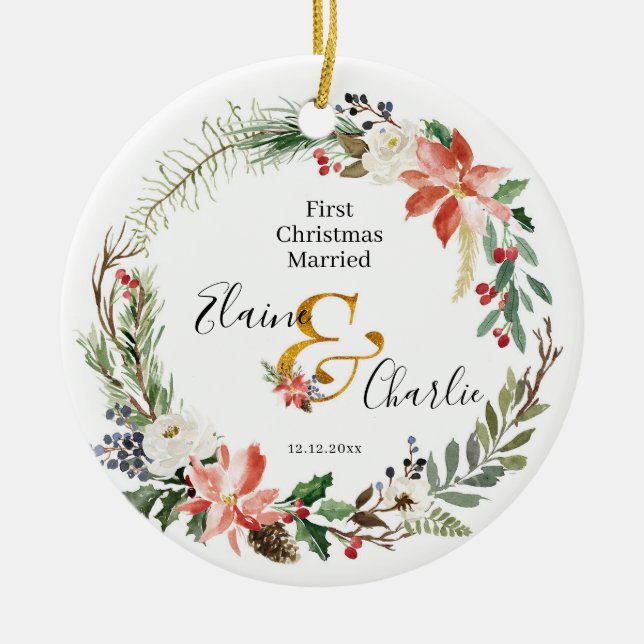 Christmas Wreath First Christmas Married Ceramic Tree Decoration (Front)