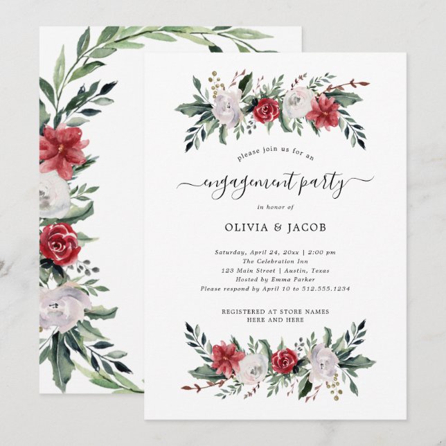 Christmas Wreath | Floral Holiday Engagement Party Invitation (Front/Back)