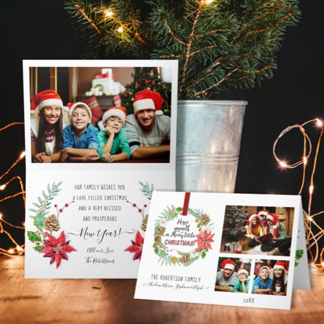 Christmas Wreath Floral Holly Pine Cone Family Holiday Card (Creator Uploaded)