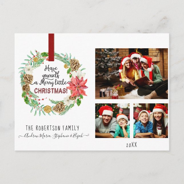 Christmas Wreath Floral Holly Pine Cone Photograph Holiday Postcard (Front)