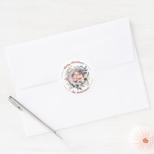 Christmas wreath florwers and red berries photo classic round sticker (Envelope)