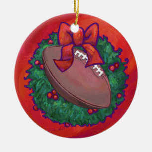 Christmas Wreath Football on Red Ceramic Tree Decoration