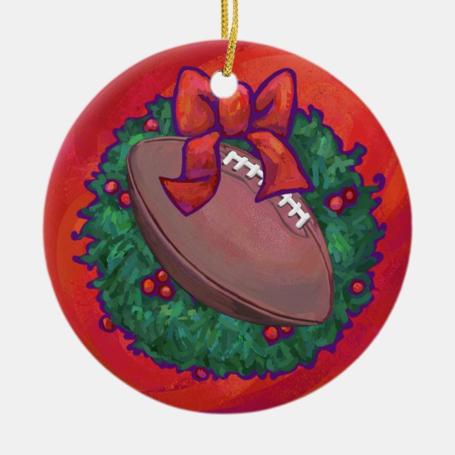 Christmas Wreath Football on Red Ceramic Tree Decoration (Front)