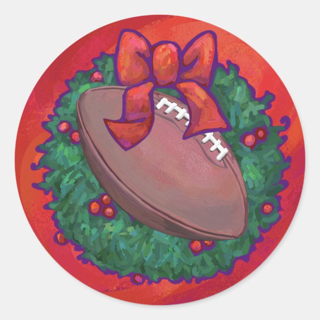Christmas Wreath Football on Red Classic Round Sticker (Front)
