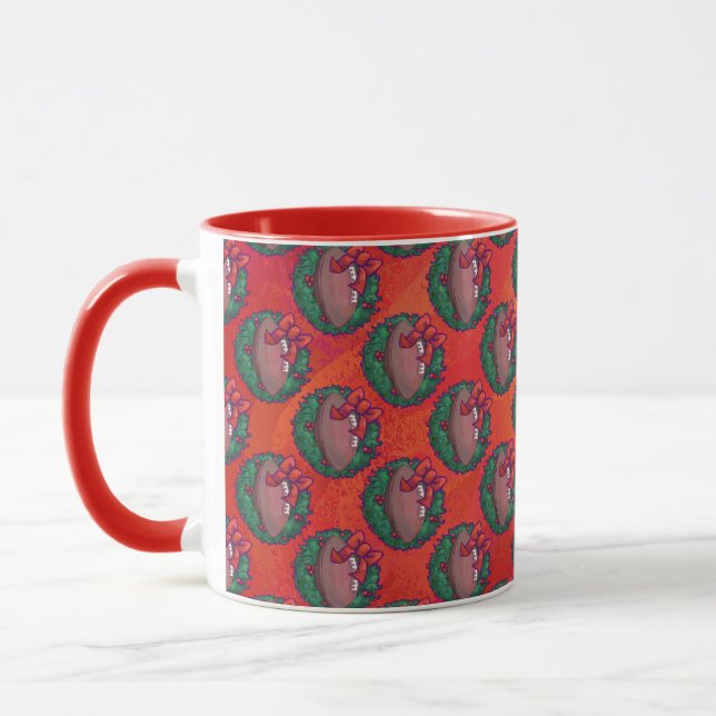 Christmas Wreath Football on Red Mug (Left)