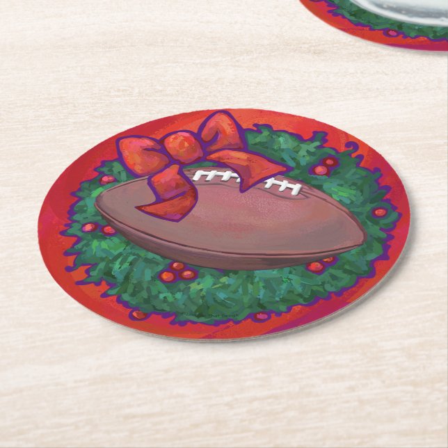 Christmas Wreath Football on Red Round Paper Coaster (Angled)