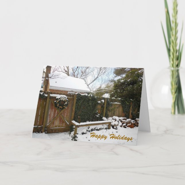 Christmas Wreath Gate Winter Snow Scene Holiday Card (Front)