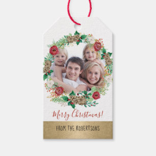 Christmas Wreath Gol Peony Roses Floral Photograph Gift Tags